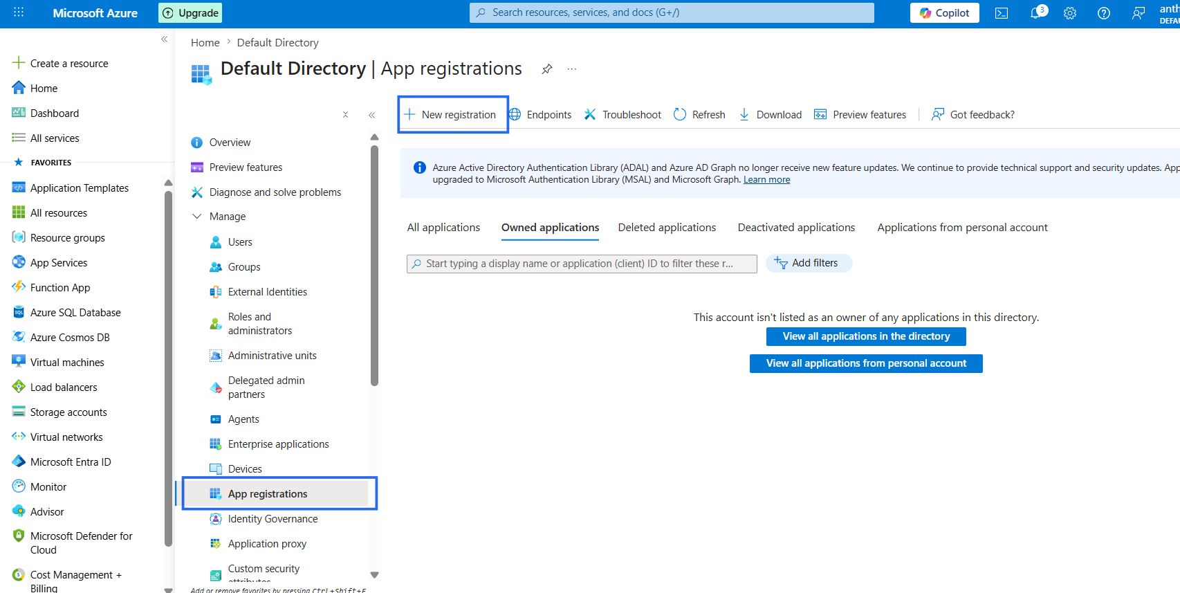 Figure 1: Navigating to App registrations in Microsoft Entra ID.