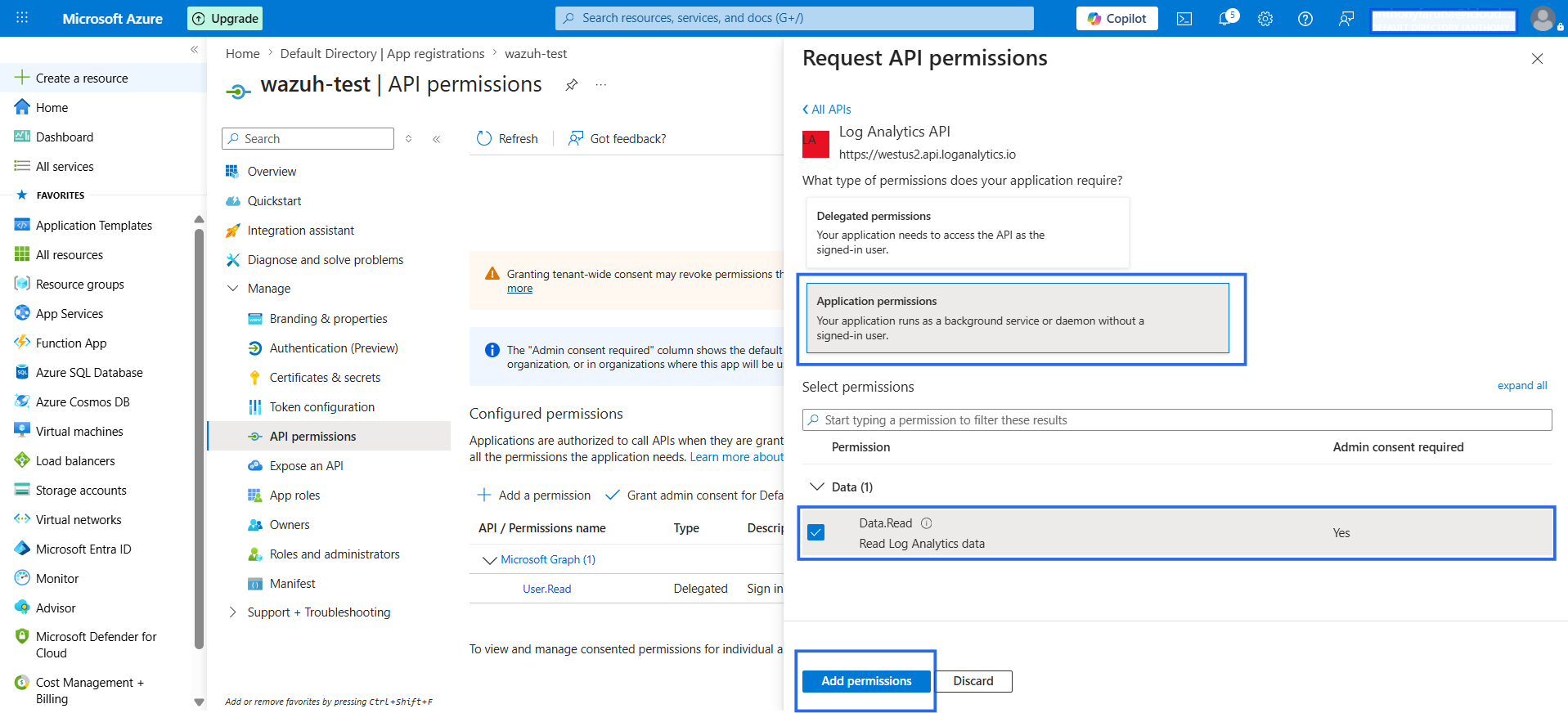 Figure 4: Granting Log Analytics API permissions to the service principal application.