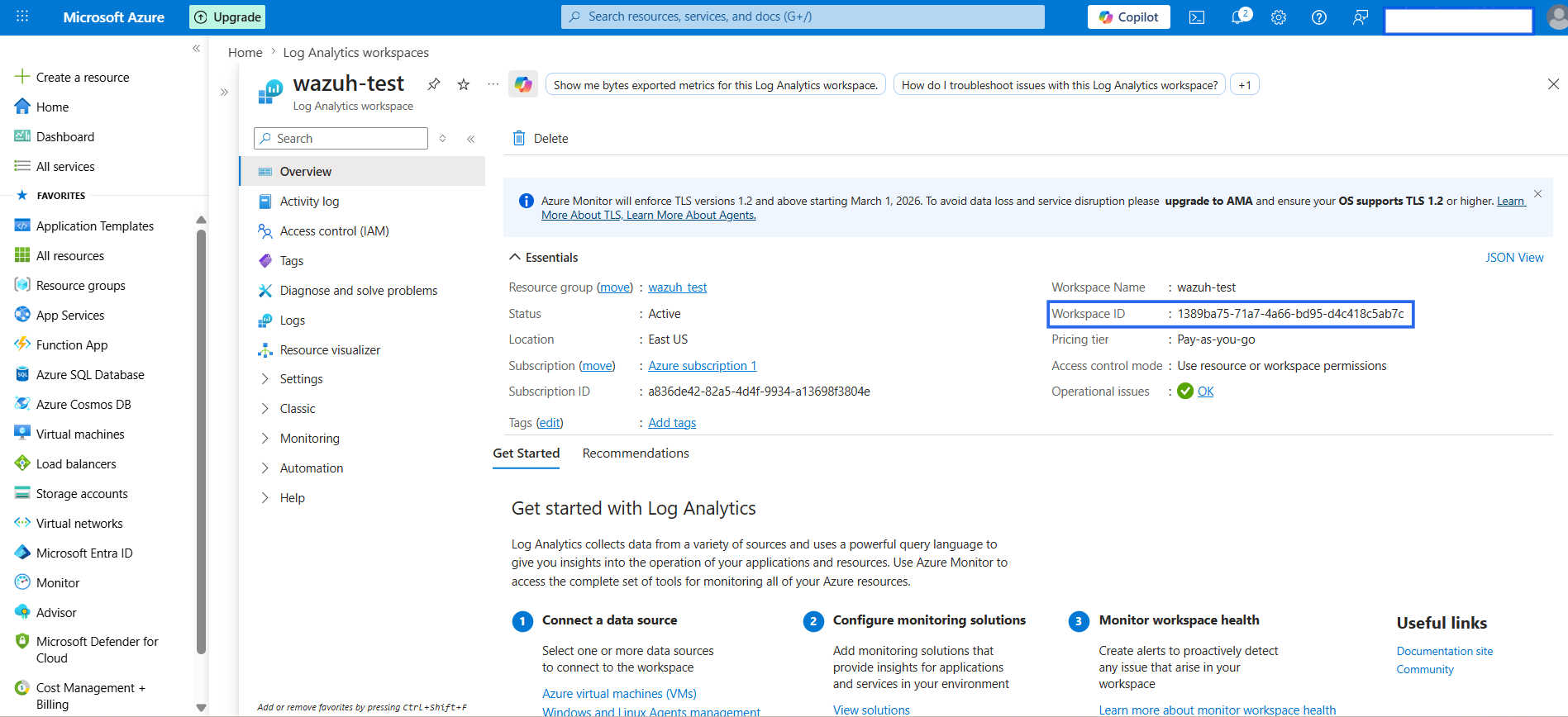 Figure 6: Copying the Log Analytics workspace ID.
