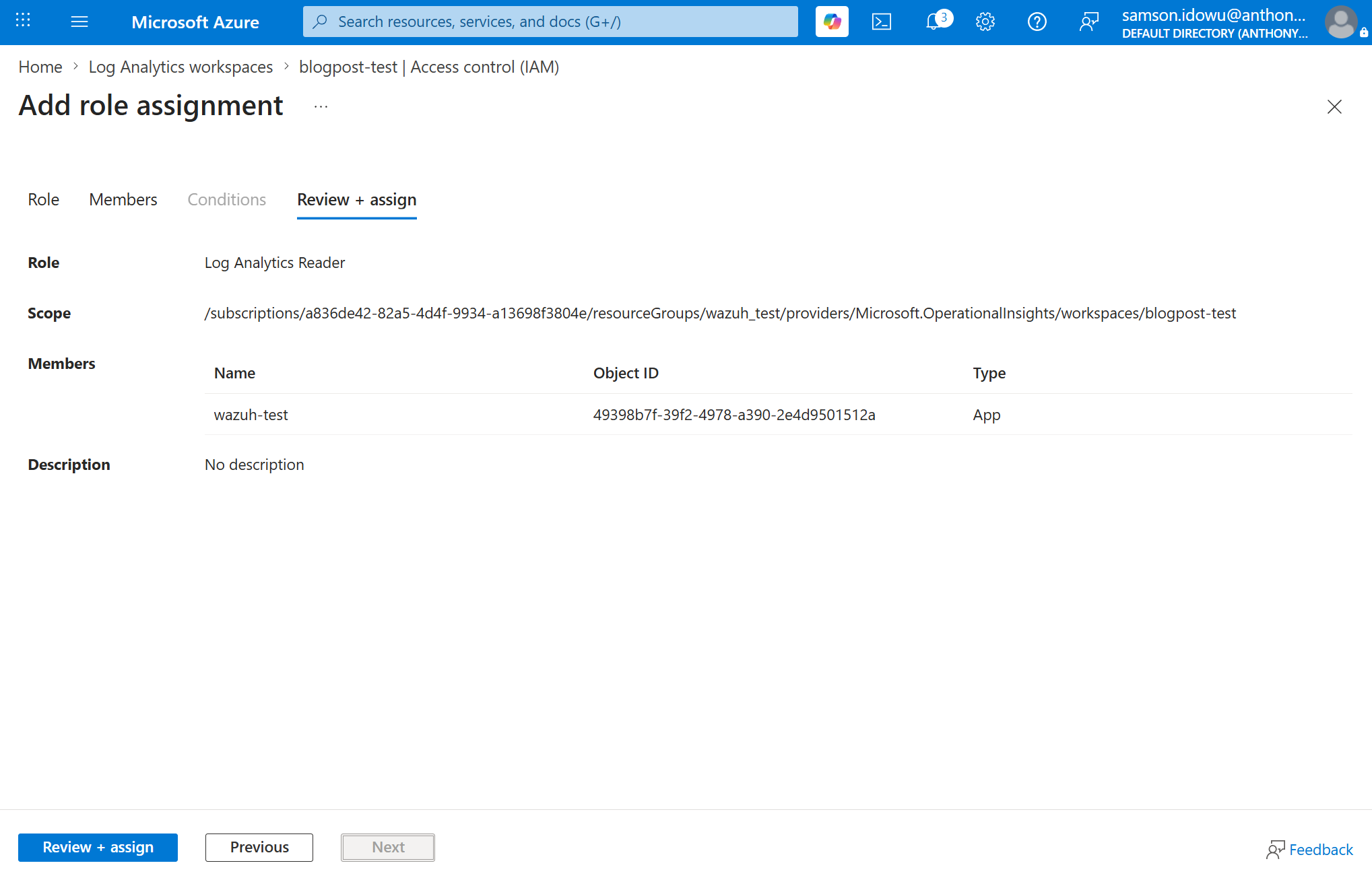 Figure 7: Assigning the Log Analytics Reader role to the service principal application.