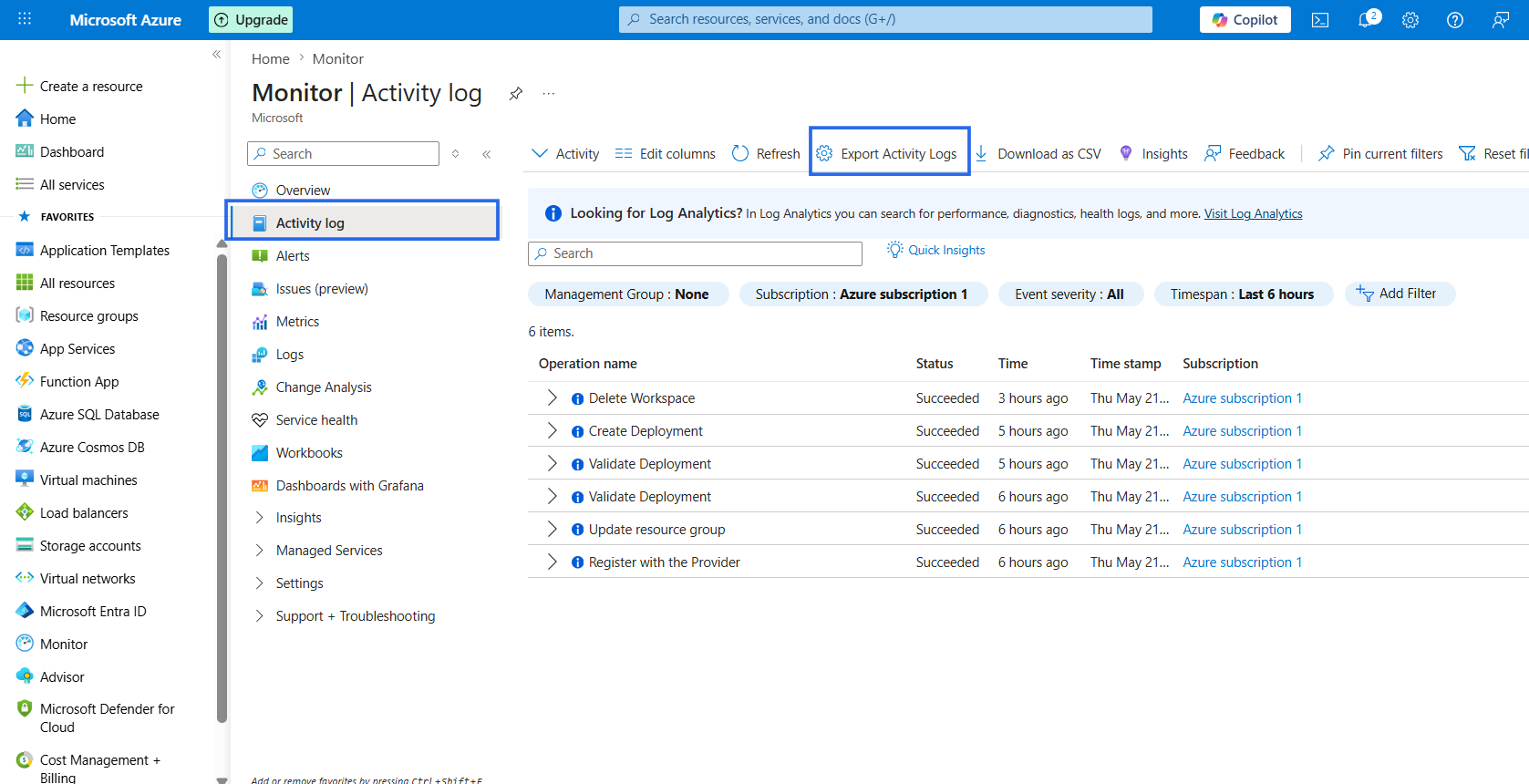 Figure 9: Exporting Azure Activity logs to a Log Analytics workspace.