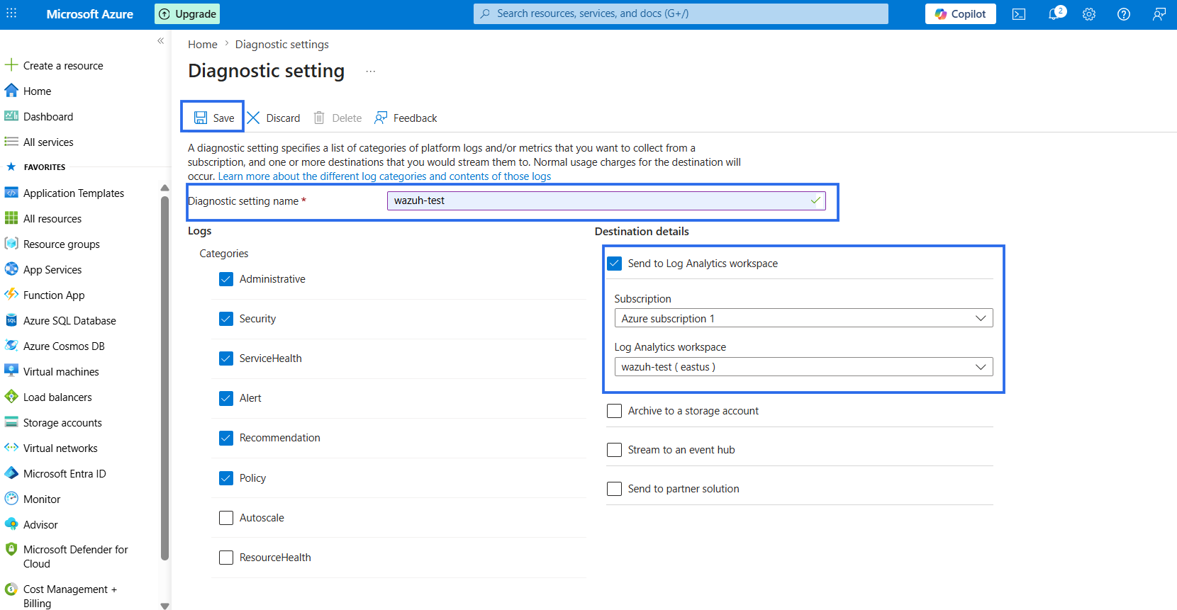 Figure 10: Configuring diagnostic settings for Azure Activity logs.
