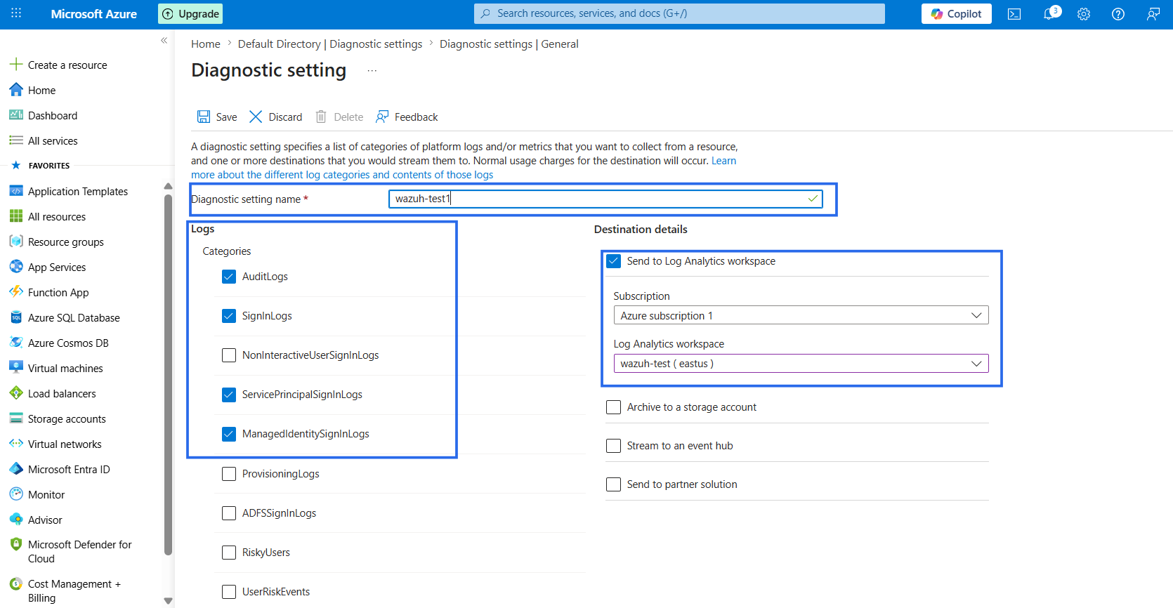 Figure 12: Configuring diagnostic settings for Entra ID logs.