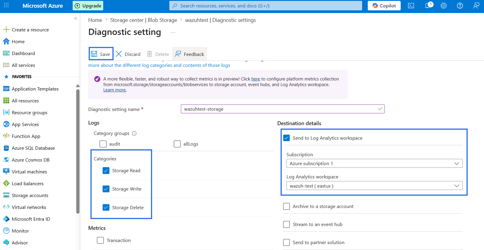 Figure 13: Configuring Azure Storage diagnostic logs.