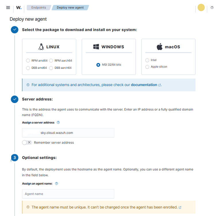 Wazuh Cloud Console deploying agents screenshot